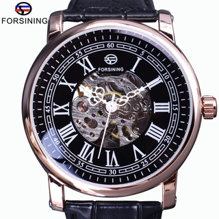 Forsining Retro Series Roman Skeleton Display Black Dial Mechanical Clock Rose Golden Case Mens Automatic Watch Top Bran