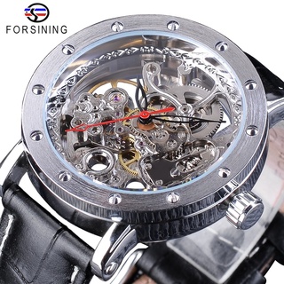 Forsining Silver Skeleton Wristwatches Black Red Pointer Black Genuine Leather Belt Automatic Watches for Men Transparen