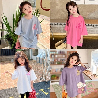 เสื้อยืดลําลอง ผ้าฝ้าย แขนสั้น คอกลม พิมพ์ลาย ทรงหลวม สีพื้น สําหรับเด็กผู้หญิง