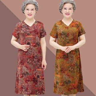 ชุดกระโปรงชุดเดรส  ❖✣ชุดคุณยายผู้หญิงฤดูร้อนแขนสั้น 60 ปี 70 ปีแม่กระโปรงยาวกลางสไตล์ตะวันตกขนาดใหญ่เสื้อผ้าผู้สูงอายุหล