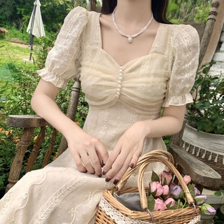 ชุดเดรสแขนสั้น สไตล์ฝรั่งเศส เรโทร สําหรับผู้หญิง