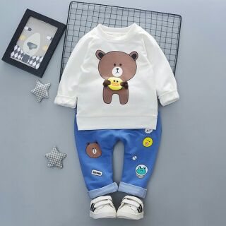 ชุดเด็ก เสื้อหมีอุ้มตุ๊กตาเป็ด + กางเกง *ขาว*