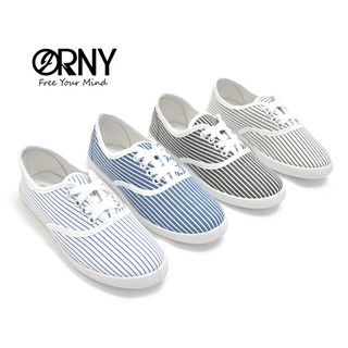 สินค้า ใส่สวย เท้าเรียว❤️OY850 💯 ORNY(ออร์นี่) ® รองเท้าผ้าใบแบบผูกเชือก ลายทาง ส้นแบน แฟชั่นผู้หญิง