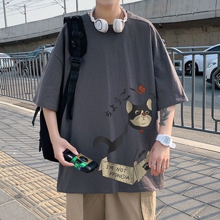 เดรสคอกลมแขนสั้นพิมพ์ลาย🔥COD M-8XL🔥 Korean T-shirt mens summer loose large size trend cartoon fashion mens T-shirt