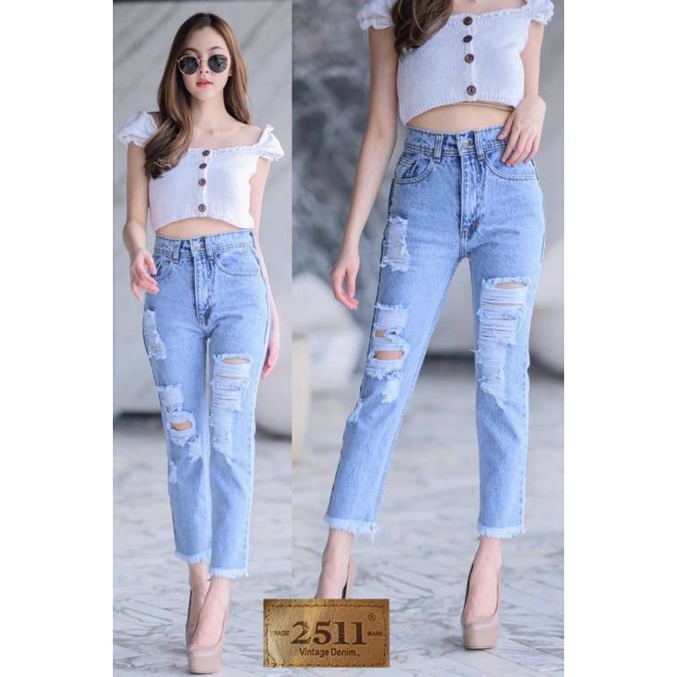 2511-jeans-by-araya-กางเกงยีนส์-ผญ-กางเกงยีนส์ผู้หญิง-ยีนส์ทรงบอย-เอวสูง-ผ้าไม่ยืด