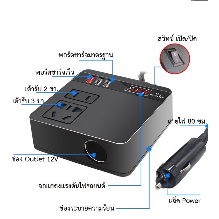 150w-อินเวอเตอร์-ติดรถยนต์-ขนาดพกพา-แปลงไฟรถเป็นไฟบ้าน-car-power-inverter-converter-12-24v-dc-to-ac-220v-fast-charge