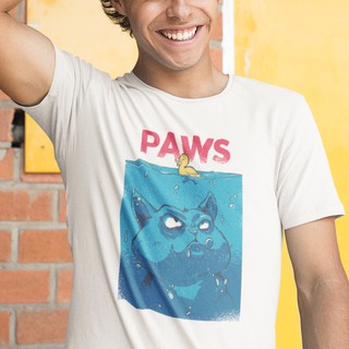 เสื้อยืด แฟชั่น ชาย/หญิง BearOgraphY PAWS Unisex Graphic T Shirt 100% Cotton เสื้อยืดสกรีน ลายหมาล่าเป็ด ฉลามบุก สีขาว
