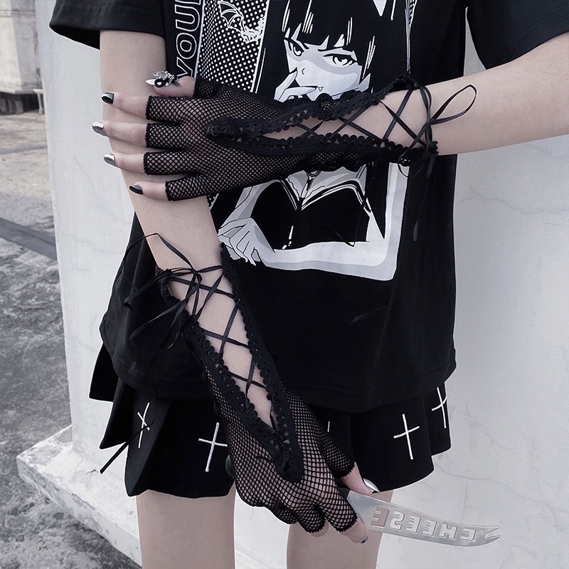 sale-ถุงมือปอกแขนตาข่ายสวมนิ้วผูกโบว์-y2k-gothic-gloves-พร้อมส่ง