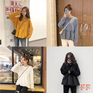 สต็อกไทย❌FF เสื้อสเวตเตอร์ คอกลม แขนจั๊มยาว ผ้าคอตตอน ชายแต่งระบาย ทรงโอเวอร์ไซส์ 4 สี