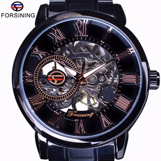 Forsining 3D Transparent Case Retro Number Classic Design Black Stainless Steel Watch Men Luxury Brand Mechanical Skelet