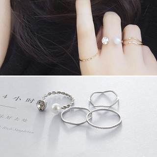 สินค้า Gold and silver four-piece combination pearl set rhinestone ring mix metal design joint ring ladies ring four-piece ring