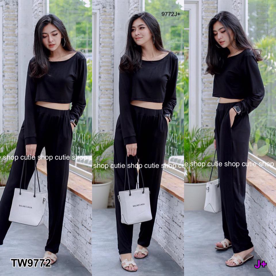 เสื้อครอปแขนยาวคอกว้าง-กางเกงขายาว-tw9772