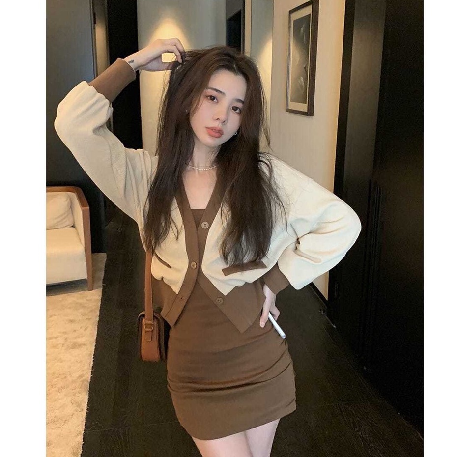 เสื้อผ้าแฟชั่น-new-เสื้อคลุมตัวสั้นแขนยาว-เดรสสั้นสลิงทรงหลวม-สูทสองชิ้น