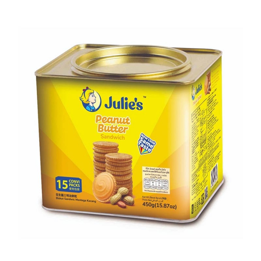 แบบปี๊บ-ขนมนำเข้า-ขนมปังกรอบสอดไส้ครีมเนยถั่ว-จูลี่ส์-julies-peanut-butter-sandwich-450g