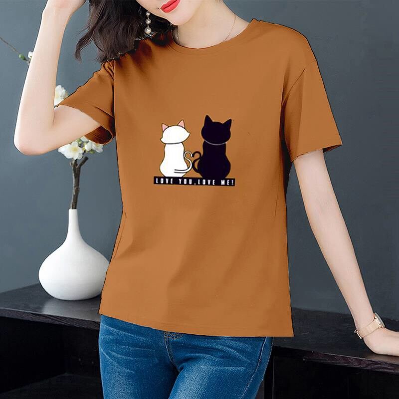 เสื้อยืดสีขาวnew2022-เสื้อยืดแฟชั่นผู้หญิง-แขนสั้น-ลายแมวคู่น่ารัก-สวมใส่สบาย-สไตล์เกาหลี-รุ่น-a-113