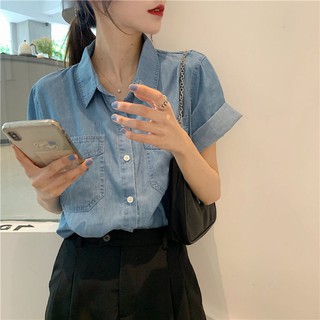 เสื้อเชิ้ตแขนสั้นผู้หญิง 💗 เสื้อเชิ้ตยีนส์เกาหลีทรงหลวมฤดูร้อน 2022 ฤดูร้อนใหม่เสื้อโปโลแขนสั้นสีน้ำเงิน Denim shirt
