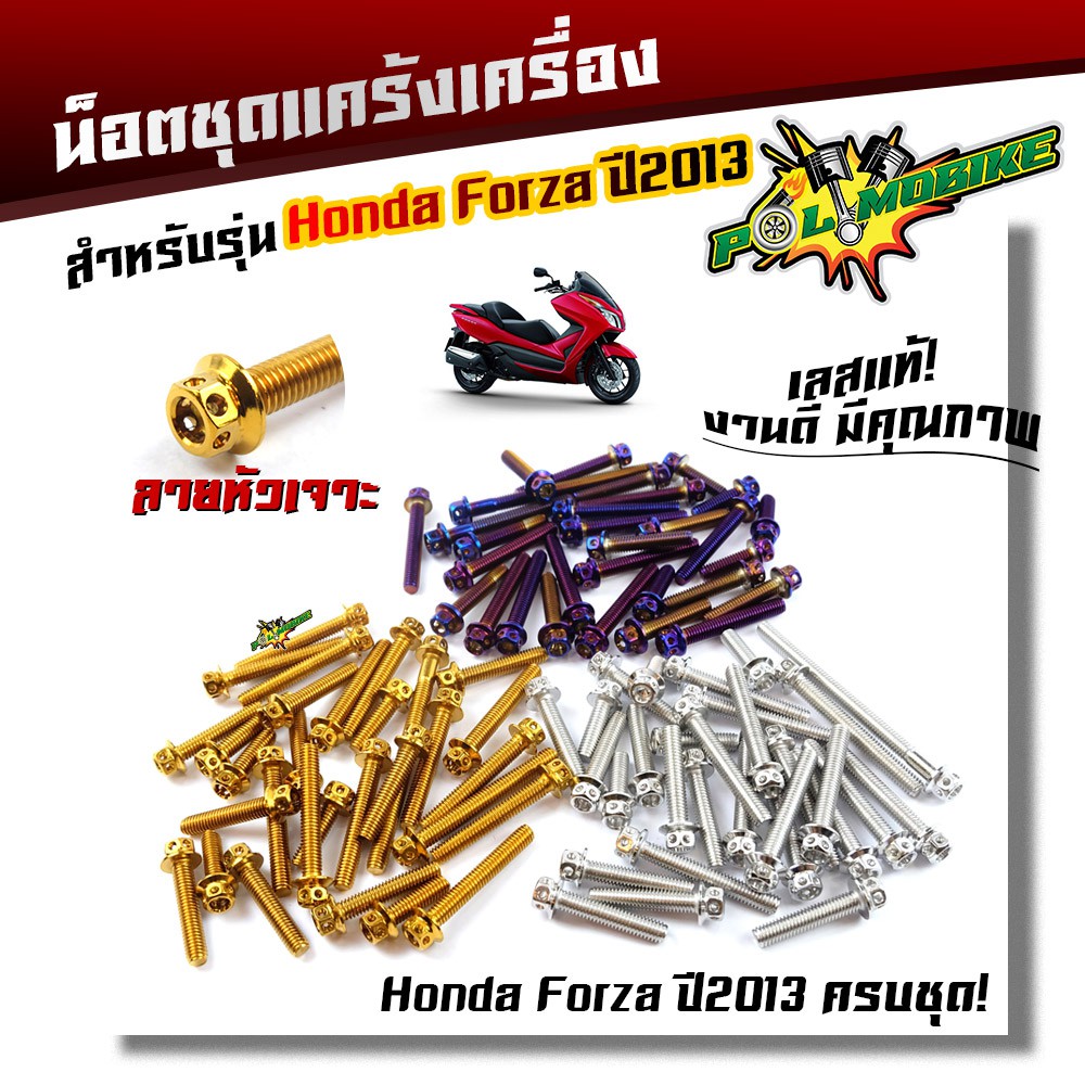 น็อตแคร้งเครื่อง FORZA 300 ปี2013 (1ชุด30ตัว) น็อตหัวเจาะ น็อตสแตนเลสแท้ น็อตเลส น็อตทอง น็อตไท