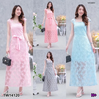 CH14120✨Maxi dress ยาวผ้าลูกไม้ ทรงคอเหลี่ยมแขนล้ำ