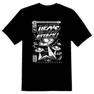 ใหม่ เสื้อยืดผ้าฝ้าย 100% พิมพ์ลาย Ufos Attack Black And Comic Run For Your Life แฟชั่น สําหรับผู้ชาย