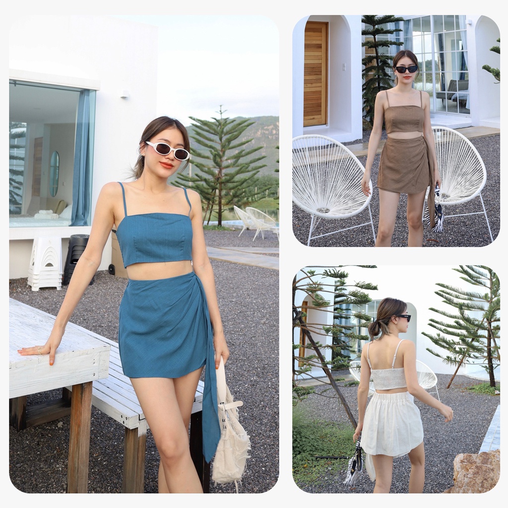 lady-linen-set-ชุดเซทลินิน-กางเกงกระโปรง-เสื้อสายเดี่ยวปรับสายได้-หลังสม็อค-ฟรีไซส์-มีให้เลือก-4-สี