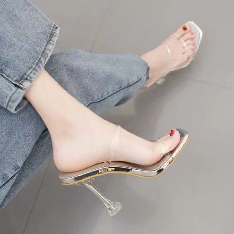 2021ฤดูร้อนใหม่-นางฟ้าลม-โปร่งใสรองเท้าแตะหญิง-รองเท้าแตะคริสตัลหนึ่งคำ-สวมใส่ด้านนอกรองเท้าส้นสูง-รองเท้า