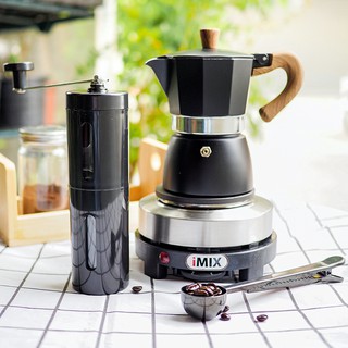 (สีดำ) ชุดเตา iMix ต้มกาแฟ เตามินิ 500w + กามอคค่าพอท สีดำ ลายไม้แบบหนา