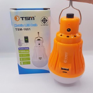 TSM-1601 LED BULB  หลอดไฟ LED E27 16 LED  กันน้ำแสงขาวแบบชาร์จไฟได้พกา พร้อมขาแขวน แบต1500mAh เป็นPowerBank สีส้ม
