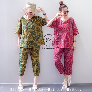 📌ทักก่อนสั่ง📌 ชุดเซทผ้าลินินผสมฝ้าย เสื้อคอกลม อก46”+กางเกงเอวสม็อค birthday