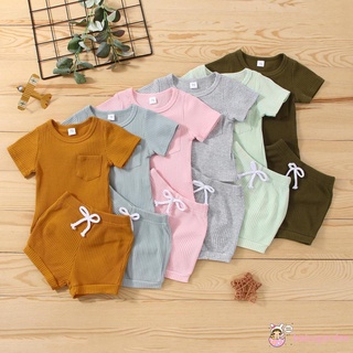 Babygarden-0-24 เดือน ชุดเด็ก เสื้อยืด แขนสั้น ผ้าถัก และกางเกงขาสั้น สีพื้น