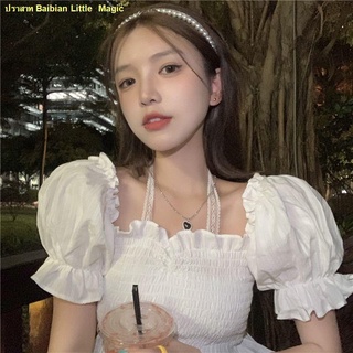 🍒สินค้าเฉพาะจุด🍒2022 ใหม่สไตล์เกาหลีออกแบบลูกไม้เชือกแขวนคอเสื้อแขนพัฟผู้หญิงเสื้อตัวสั้น