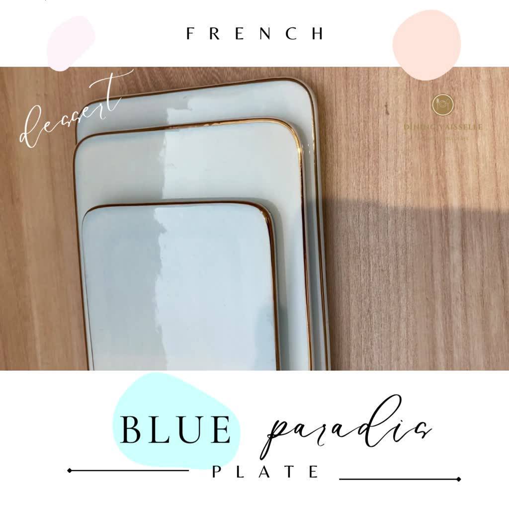 จานสี่เหลี่ยม-blue-paradis-plate-จานสัญชาติฝรั่งเศส-จานเสริฟขนม-ขอบทองหรูหรา-จานสี่เหลี่ยม-อุปกรณ์บนโต๊ะอา