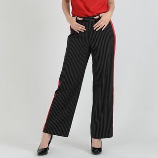 GSP กางเกงขาวยาว กาง﻿เ﻿กงผู้หญิง จีเอสพี กางเกงทำงาน ลายทางสีดำ แต่งแถบข้างสีแดง ผ้าโพลีเอสเตอร์ (ST5GB)