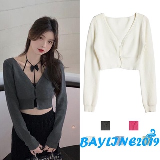 Bay- เสื้อครอปท็อปแขนยาว คอวี ผ้าถัก เข้ารูป สีพื้น สําหรับผู้หญิง