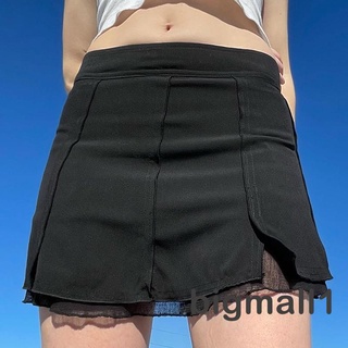 BIGMALL-Women MIni Skirt, Spring Summer Leisure Style Solid Color Mid Waist Mesh Splicing Split Bodycon Skirt
