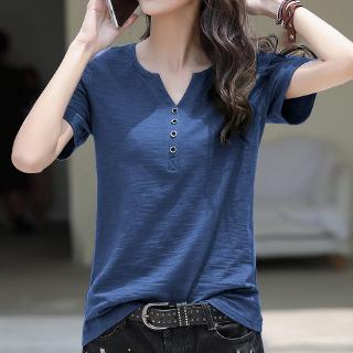 ผู้หญิงเสื้อผ้าฝ้ายคอวีปุ่มแขนสั้นเสื้อยืดสำหรับฤดูร้อนของผู้หญิงสไตล์ใหม่ขนาดใหญ่ครึ่งแขนหลวมประเภทนุ่มและระบายอากาศด้านบน