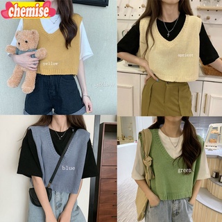 Chemisegrace✨พร้อมส่ง✨  เสื้อกั๊ก คอวี ตัวสั้น เสื้อเเฟชั่นไหมพรมเเขนกุด เทรนด์แฟชั่นกำลังฮิต 73031