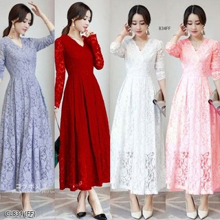 Maxidress เดรสลูกไม้แขนศอก คอวีป้ายหน้า (ช่วงบนไม่มีซับใน) งานลูกไม้ลายสวยหรู