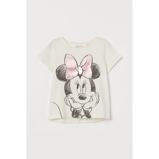 H&amp;M ชุดเด็ก เสื้อเด็กผู้หญิง เสื้อแขนสั้น สีขาวครีม ลายมินนี่โบว์ชมพู Minnie Mouse Short-sleeved top
