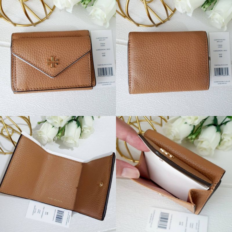 สด-ผ่อน-กระเป๋าสตางค์-3-พับ-ใบสั้น-สีน้ำตาล-71624-tory-burch-carter-micro-wallet-สี-cardamom