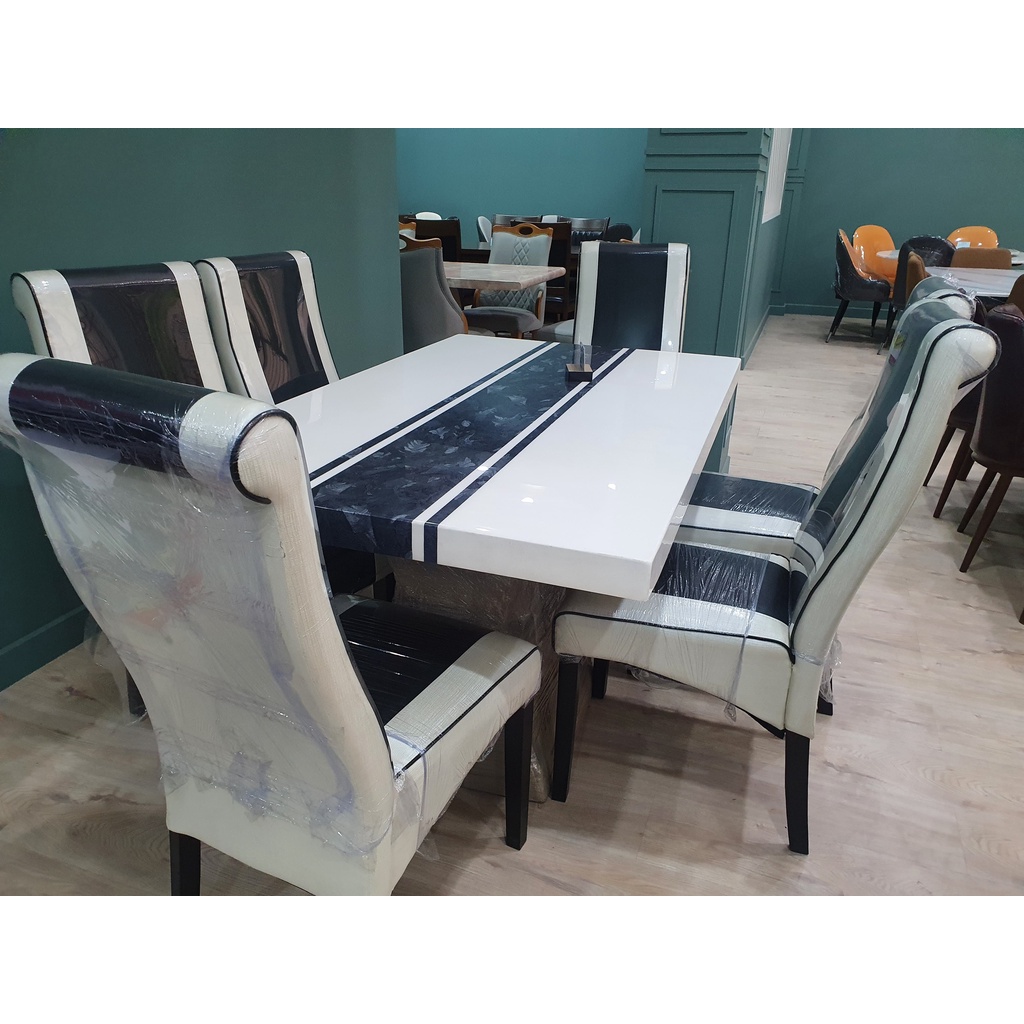 ชุดโต๊ะอาหาร-godwin-6-ที่นั่ง-หน้าโต๊ะเป็นหินเทียมปิดผิว-เก้าอี้โครงสร้างเป็นไม้แข็ง-หุ้มด้วยหนัง