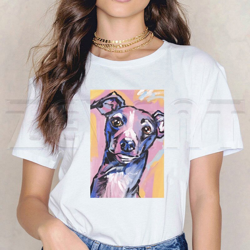 greyhound-เสื้อยืดลําลองสําหรับสตรีแขนสั้นพิมพ์ลายการ์ตูนสุนัขสีขาว