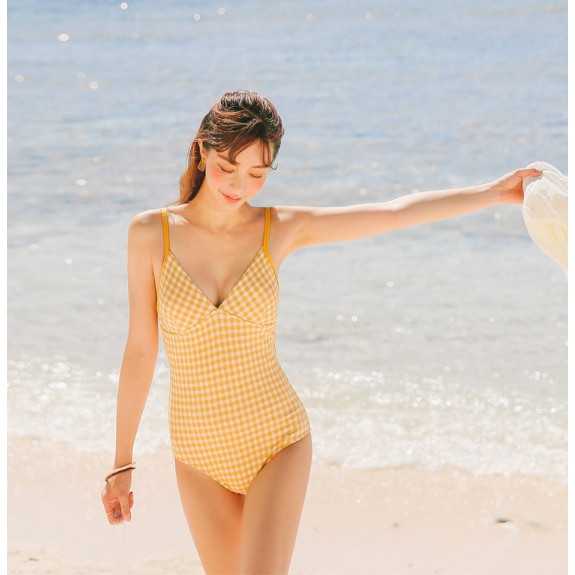 ชุดว่ายน้ำผู้หญิง-ชุดว่ายน้ำวันพีซ-สีเหลืองลายสก็อต-สดใส-สวยละมุน