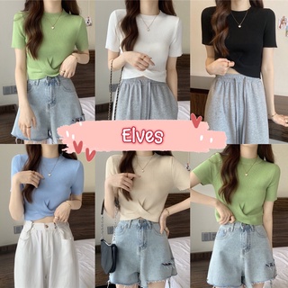 Elves✨พร้อมส่ง✨   เสื้อครอปไหมพรม คอกลม แขนสั้น ดีเทล เว้าเอวน่ารักมาก ~91001~