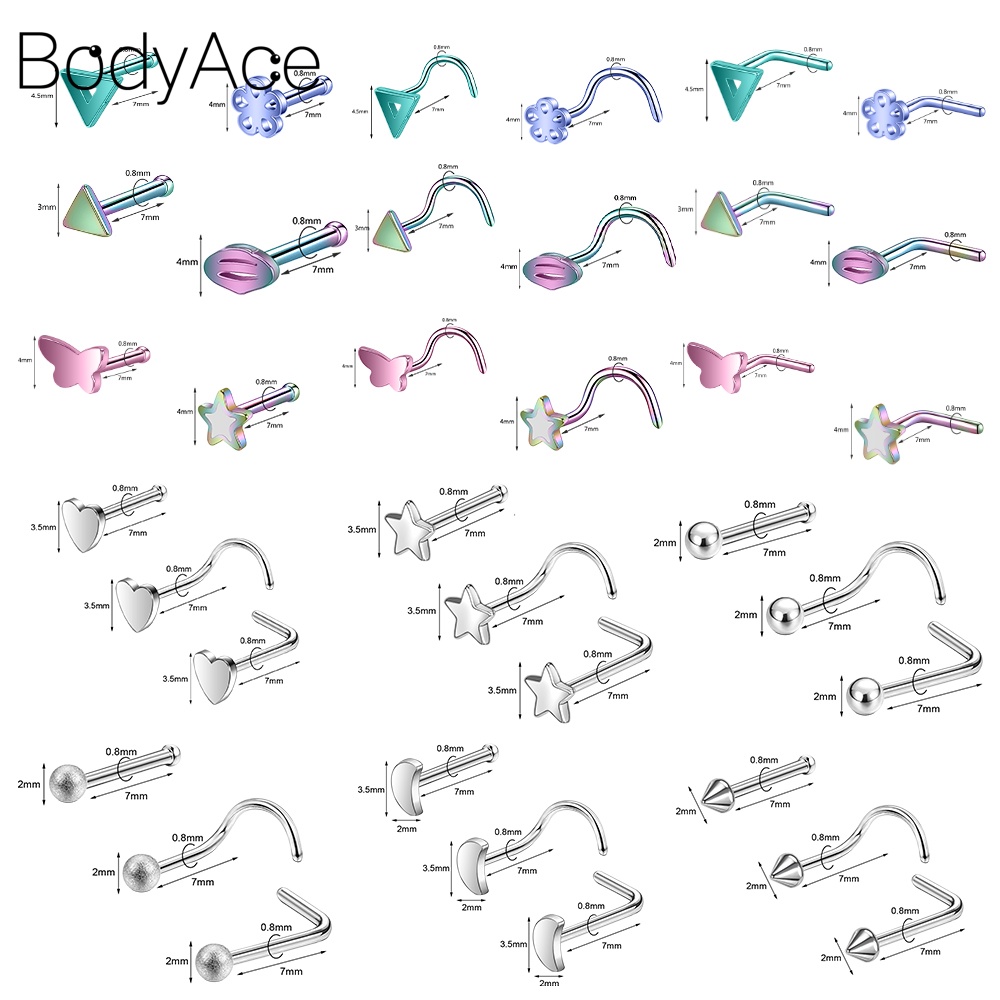 bodyace-1-ชิ้น-หลากสี-สตั๊ดจมูก-l-i-shpe-แหวนจมูก-สเตนเลส-เจาะจมูก-ต่างหูผีเสื้อ