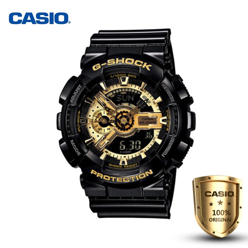 นาฬิกา-casio-นาฬิกาข้อมือผู้หญิง-นาฬิกาแบรนด์เนม-casio-g-shockนาฬิกาข้อมือผู้ชายสีดำ-สีทองสายเรซิ่นรุ่นga-110gb-1adr