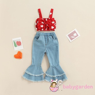 สินค้า Babygarden เสื้อสายเดี่ยว พิมพ์ลายหัวใจ และกางเกงยีนขาบาน สีพื้น สําหรับเด็กผู้หญิง อายุ 1-6 ปี