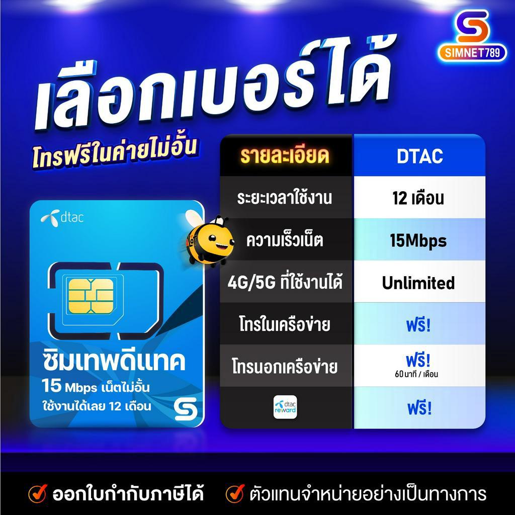 ภาพหน้าปกสินค้าDTAC ซิมเทพดีแทค ชุด3 15Mbps เน็ตไม่อั้น ไม่จำกัด โทรฟรีในเครือข่าย DTAC นาน 12 เดือน ซิมคงกระพัน Simnet789