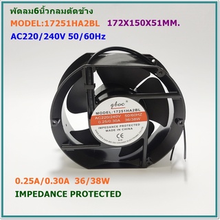 MODEL:17251A2HBL พัดลมระบายอากาศ6.9นิ้วกลมตัดข้าง SIZE:172X150X50 ลูกปืน 220-240VAC 50/60Hz  0.23/0.21A