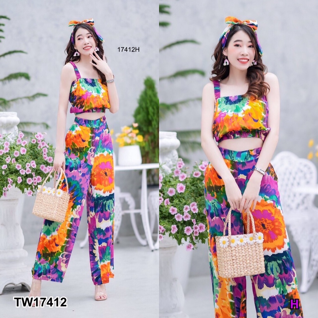 tw17412-set-2-ชิ้น-เสื้อสายเดี่ยวมัดย้อมเอวจั้ม-ใส่ยางสม๊อครอบอก-กางเกงขายาว-มีกระเป๋าล้วง-งานผ้าสปันพิมลาย