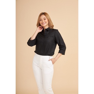 GSP Linen Basic Shirt Comfort Fit เสื้อเชิ๊ตจีเอสพี เสื้อเชิ๊ตมีปก แขนสั้น ผ้าลินิน สีดำ (PL3SBL)